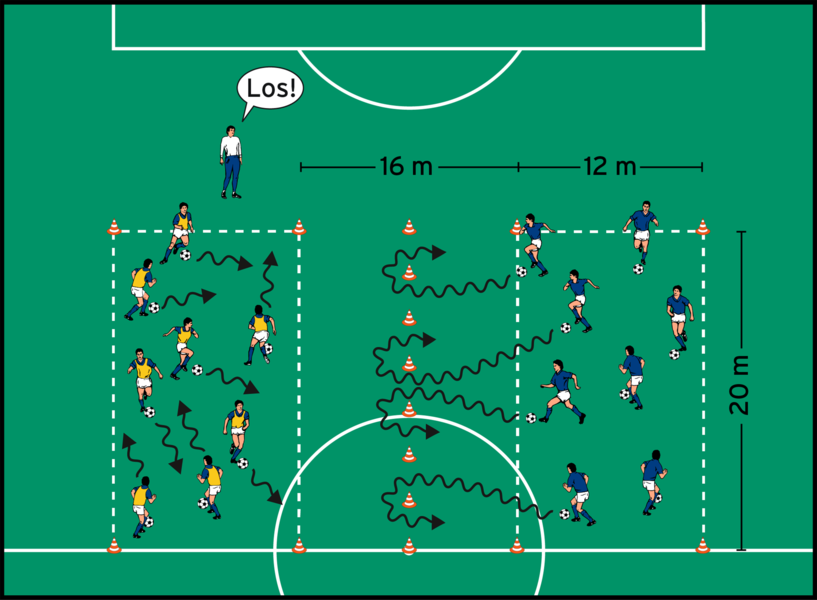 Reaktions- und Tempodribbling in zwei Feldern